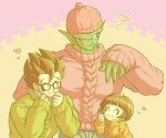  1girl 2boys ^_^ beanie black_hair black_nails blunt_bangs blunt_ends blush child closed_eyes colored_skin commentary_request dragon_ball dragon_ball_super father_and_daughter female_child fingernails glasses green_skin green_sweater grin hair_between_eyes hand_up hands_up hat heart koukyouji long_sleeves multiple_boys namekian orange_sweater pan_(dragon_ball) parted_lips piccolo pink_headwear pink_sweater purple_background rectangular_eyewear short_hair sidelocks simple_background sleeves_past_wrists smile son_gohan spiky_hair squiggle sweatdrop sweater teeth two-tone_background v-shaped_eyebrows yellow_background 