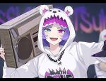  1girl animal_costume animal_hood bear_costume bear_hood black_nails blue_eyes fangs heterochromia highres hood hood_up hoodie jewelry lendivere necklace nijisanji nijisanji_en open_mouth pink_eyes purple_hair selen_tatsuki selen_tatsuki_(3rd_costume) short_hair smile solo stereo white_hoodie 