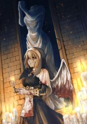  1girl angel_wings black_dress black_sclera black_veil blonde_hair blood blood_on_clothes blood_on_face blood_on_gloves bloody_wings breasts candle candlestand capelet coif colored_sclera commentary cowboy_shot crack cracked_wall dress ender_lilies_quietus_of_the_knights english_commentary feathered_wings gloves guardian_silva guimpe hair_between_eyes headless_statue highres holding holding_candlestand looking_at_viewer medium_breasts nun nun_headdress red_eyes solo sorakaze_(mire) statue traditional_nun twitter_username undead veil white_capelet white_gloves white_wings wings 