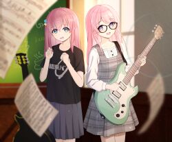  2girls absurdres bang_dream! bang_dream!_it's_mygo!!!!! black_shirt blush bocchi_the_rock! chihaya_anon chinese_commentary commentary_request crossover electric_guitar factorization20 genre_connection glasses gotoh_hitori grey_eyes grey_hair grey_skirt guitar guitar_strap hair_between_eyes highres holding holding_guitar holding_instrument instrument instrument_connection kessoku_band_t-shirt light_particles long_hair looking_at_viewer multiple_girls one_side_up open_mouth pink_hair pleated_skirt sheet_music shirt skirt standing violet_eyes white_shirt 