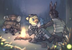  1boy alpha_(ff14) animal_ears backpack bag black_hair blue_eyes blurry blurry_foreground campfire chocobo commentary_request dark-skinned_male dark_skin erenville final_fantasy final_fantasy_xiv fugashi_117 gloves goggles goggles_on_head omega_(final_fantasy) outdoors rabbit_boy rabbit_ears robot shirt short_hair viera watermark white_gloves white_shirt yellow_eyes 