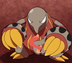  agemlrelf breath_weapon breathing_fire claws commentary_request fire full_body heatmor no_humans pokemon pokemon_(creature) pokemon_focus red_background signature solo v-shaped_eyes 