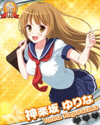  1girl :d bag blue_sailor_collar blue_skirt blush breasts brown_bag brown_eyes brown_hair card_(medium) card_commentary character_name collarbone commentary diffraction_spikes dot_nose hand_up handbag hands_up heart holding holding_bag idol_wars kagurazaka_yurina large_breasts leaning_forward long_hair looking_at_viewer neckerchief official_art open_mouth red_neckerchief sailor_collar school_uniform serafuku shirt skirt smile solo sparkle sparkle_background star_(symbol) star_symbol_background teeth third-party_source upper_teeth_only white_shirt yellow_background 