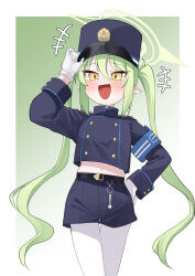 1girl absurdres armband blue_archive blush buttons double-breasted fang green_hair green_halo halo hat highlander_railway_academy_logo highres jacket long_hair navel nozomi_(blue_archive) open_mouth pantyhose peaked_cap pepsi2330 pointy_ears shorts simple_background skin_fang train_conductor twintails white_pantyhose yellow_eyes 