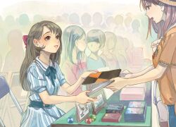  2girls artist_request bag ball belt belt_buckle blue_belt blue_dress blue_ribbon blush bow braid breasts brown_eyes brown_hair buckle buttons card chair collared_dress convention crowd denim dress faceless faceless_female folding_chair hair_bow half_up_braid highres holding holding_sketchbook jeans kano_arisa long_hair long_table looking_at_another multiple_girls neck_ribbon official_art on_chair open_mouth orange_shirt outline pants paper parted_bangs picture_frame pink_bow ribbon second-party_source shirt short_sleeves shoulder_bag side_part single_braided_sidelock sitting skeb_(site) sketchbook small_breasts smile striped_clothes striped_dress table tareme teeth two-tone_dress upper_body upper_teeth_only vertical-striped_clothes vertical-striped_dress watercolor_effect white_bag white_dress yellow_outline 