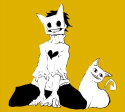  <o>_<o> 1boy animal cat cat_mask fangs greyscale_with_colored_background grin heart kneeling looking_to_the_side male_focus mask off_(game) orange_background pants short_hair sideways_glance simple_background sleeves_rolled_up smile teeth the_judge_(off) turtleneck zacharie_(off) zjkao06 