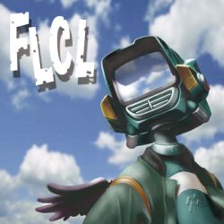 1other bad_id black_wings blue_sky canti clothed_robot clouds copyright_name day flcl green_jacket humanoid_robot jacket mini_wings monitor_head open_clothes open_jacket outdoors photo_background reflection reflective_surface robot screen sky solo tanimeso upper_body wings