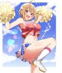  1girl absurdres ahoge bare_shoulders blonde_hair blue_sky breasts cheering cheerleader crop_top day haruki_(haruki678) highres holding holding_pom_poms ibuki_tsubasa idolmaster idolmaster_million_live! idolmaster_million_live!_theater_days knee_up kneehighs large_breasts lens_flare looking_at_viewer midriff miniskirt navel no_panties open_mouth orange_eyes pom_pom_(cheerleading) shoes short_hair skirt sky sleeveless sneakers socks solo sweat thighs white_socks 