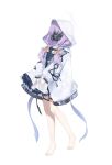  1girl 2t_(vmyz7342) atsuko_(blue_archive) bare_legs black_ribbon blue_archive braid cross-laced_clothes cross-laced_sleeves dress facing_viewer feet frilled_dress frills full_body gas_mask hair_ribbon halo highres jacket long_sleeves low_twin_braids mask purple_hair ribbon sidelocks simple_background solo thigh_strap twin_braids white_background white_dress white_jacket yellow_ribbon 
