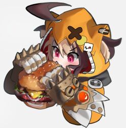  1girl ahoge animal_ear_hood arms_up asymmetrical_clothes biting blonde_hair blush brown_hair burger cheese commentary cropped_torso eating english_commentary fangs food food_in_mouth gauntlets gigi_murin gigi_murin_(1st_costume) grey_background hair_through_hood highres holding holding_burger holding_food hololive hololive_english hood hood_up hoodie lettuce looking_at_food multicolored_hair neratul no_nose onion_slice orange_hood orange_hoodie partially_shaded_face pink_eyes puffy_sleeves sesame_seeds short_hair sidelocks simple_background solo spiked_gauntlets tomato tomato_slice turbine twintails two-sided_hood two-tone_hair v-shaped_eyebrows virtual_youtuber zipper 