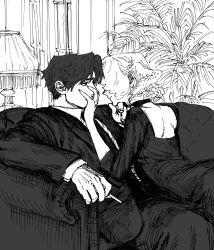  1boy 1girl business_suit choker cigarette closed_mouth collared_shirt commentary_request couch covered_eyes dress facial_hair greyscale hair_over_eyes hand_on_another's_chin hand_on_another's_mouth highres holding holding_cigarette indoors jacket light_smile mature_male monochrome mustache necktie on_couch open_clothes open_jacket original pants parted_bangs shirt sitting sketch suit suit_jacket zoy_(giasswindow) 