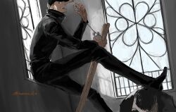  2boys black_hat black_jacket black_pants black_shoes foot_on_another's_back hat highres holding holding_sword holding_weapon jacket kaku_(one_piece) long_legs long_nose long_sleeves male_focus multiple_boys one_piece open_mouth pants phone shoes sutaneko sword talking_on_phone weapon window wooden_sword 