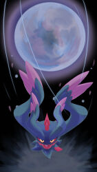 0rion1798 black_background closed_mouth colored_sclera commentary energy_ball english_commentary fang flutter_mane full_body highres moonblast_(pokemon) no_humans pokemon pokemon_(creature) pokemon_focus pokemon_move red_sclera skin_fang smile solo yellow_eyes 