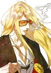  1boy black_jacket blonde_hair blue_eyes cigarette fate/grand_order fate_(series) highres holding holding_cigarette jacket jewelry kinoko1108 long_hair looking_at_viewer male_focus medallion necklace open_clothes open_jacket orange-tinted_eyewear shirt simple_background smile smoke smoking solo sunglasses tezcatlipoca_(fate) tinted_eyewear upper_body white_background white_shirt 