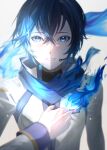  1boy absurdres backlighting blue_eyes blue_fire blue_hair blue_nails blue_theme coat fire hair_between_eyes hand_on_own_chest headset highres kaito_(vocaloid) kaito_(vocaloid3) looking_at_viewer male_focus nico1016 see-through short_hair sidelighting smile solo vocaloid white_background white_coat 