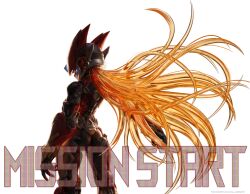 1boy absurdres android armor blonde_hair dated english_text forehead_jewel from_behind helmet highres long_hair male_focus mega_man_(series) mega_man_zero_(series) narcissus111 red_armor red_helmet simple_background solo white_background zero(z)_(mega_man) zero_(mega_man) 