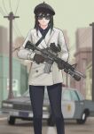  1girl assault_rifle black_gloves black_hair black_headwear black_pants blurry blurry_background brown_gloves building car car-15 chevrolet_caprice cityscape commentary english_commentary girls_frontline gloves green_hair ground_vehicle gun hat highres holding holding_gun holding_weapon jacket long_hair long_sleeves m4a1_(girls&#039;_frontline) motor_vehicle multicolored_hair outdoors pants parabellum police_car revision rifle scope solo standing streaked_hair sunglasses utility_pole weapon white_jacket 
