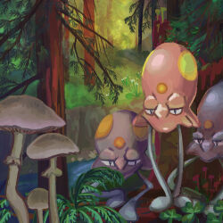  clover commentary drawingpkmneveryday english_commentary forest grass highres mushroom nature no_humans outdoors pokemon pokemon_(creature) pokemon_focus toedscool tree water 