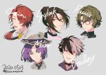  5boys aqua_eyes black_hair black_ribbon bradley_bain cain_knightley character_name closed_eyes collared_shirt cross cross_necklace earrings faust_lavinia glasses grey_background grey_hair hat highres jewelry light_brown_hair long_hair looking_at_viewer mahoutsukai_no_yakusoku male_focus multicolored_hair multiple_boys murr_hart neck_ribbon necklace necktie open_mouth pink_shirt piza-chan ponytail profile purple_hair red_eyes redhead ribbon scar scar_on_face shirt short_hair shylock_bennett violet_eyes wavy_hair white_shirt witch_hat yellow_necktie 