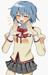  1girl ^_^ blue_hair blush closed_eyes commentary facing_viewer grey_skirt hair_ornament hairclip highres juliet_sleeves long_sleeves mahou_shoujo_madoka_magica mahou_shoujo_madoka_magica_(anime) miki_sayaka mitakihara_school_uniform open_mouth plaid_clothes plaid_skirt pleated_skirt puffy_sleeves rate11717991 school_uniform short_hair simple_background skirt solo v-shaped_eyebrows white_background 