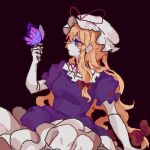  1girl black_background blonde_hair bow bug butterfly dress frilled_hat frilled_shirt_collar frilled_sleeves frills hair_bow hat hat_ribbon highres holding long_hair looking_away looking_to_the_side mob_cap purple_dress red_bow red_ribbon ribbon shindiyue short_sleeves solo touhou violet_eyes yakumo_yukari 