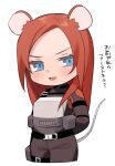  1girl animal_ears animification apex_legends armor arms_behind_back ashleigh_reid belt black_belt black_bodysuit bodysuit breastplate brown_hair chibi kemonomimi_mode long_hair mouse_ears mouse_girl nagoooon_114 open_mouth smile solo thigh_belt thigh_strap translation_request v-shaped_eyebrows 