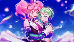  2girls bare_shoulders blue_eyes blush commentary_request green_hair hairband hand_on_another's_arm hand_on_another's_back headphones hug looking_at_another m_rgfn macross macross_delta makina_nakajima multiple_girls necktie open_mouth pink_hair reina_prowler short_hair short_twintails twintails yuri 