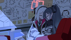  2girls absurdres aris_(blue_archive) black_bow black_hair black_hairband black_vest blue_archive blue_necktie book bow chair closed_eyes closed_mouth doodle_sensei_(blue_archive) hair_between_eyes hairband halo happy highres jacket kei_(blue_archive) kei_(student)_(blue_archive) leaning_on_person long_hair multicolored_jacket multiple_girls necktie overlord_m red_halo sensei_(blue_archive) shade shirt side_ponytail sleeping two-tone_jacket upper_body vest white_hair white_jacket white_shirt whiteboard 