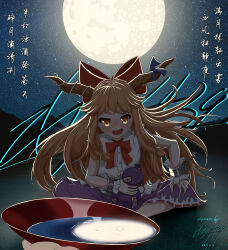  1girl 1other :d absurdres alcohol ass ass_focus backlighting blue_bow blush bow bowtie brown_horns chain chinese_commentary chinese_text commentary_request cuffs cup dated demon_girl demon_horns fang floating_hair frilled_wrist_cuffs frills full_body full_moon gourd hair_bow hand_on_own_knee handcuffs highres holding holding_cup holding_gourd horn_bow horn_ornament horns huge_bow ibuki_suika indian_style long_hair looking_at_viewer moon moonlight night on_ground oni open_mouth orange_hair outdoors petals petals_on_liquid pov pov_hands purple_skirt red_bow red_bowtie ripples sakazuki sake shirt sidelocks signature sitting skirt sky sleeveless sleeveless_shirt smile solo_focus star_(sky) starry_sky swept_bangs torn_clothes torn_shirt touhou translation_request v-shaped_eyebrows very_long_hair white_shirt wrist_cuffs z0xy439 