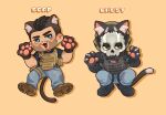  2boys animal_ears black_hair black_jacket black_shirt blue_eyes blue_pants bulletproof_vest call_of_duty call_of_duty:_modern_warfare_2 cat_boy cat_ears cat_tail character_name chibi evvissu facial_hair ghost_(modern_warfare_2) highres holstered jacket knife_holster male_focus mask multiple_boys open_mouth pants shirt short_hair sidecut skull_mask soap_(modern_warfare_2) tail 