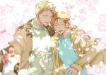  2boys 961_masashi beard blonde_hair blue_sweater brown_coat can cherry_blossoms coat facial_hair falling_petals floral_background given green_eyes green_sweater holding holding_can kaji_akihiko male_focus multiple_boys nakayama_haruki one_eye_closed open_clothes open_coat open_mouth petals simple_background sweater tree_shade white_background yellow_eyes 
