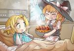  2girls :d apron bandaged_arm bandages bed black_headwear black_skirt black_vest blonde_hair bow bowl braid broken_window cast chainsaw closed_eyes commentary_request cookie_(touhou) cowboy_shot drddrddo flat_chest food green_eyes grin hair_bow hat hat_bow holding holding_bowl hospital hospital_bed indoors joker_(cookie) kirisame_marisa long_hair looking_at_another meat medium_bangs mizuhashi_parsee multiple_girls open_mouth parted_bangs pillow pointy_ears puffy_short_sleeves puffy_sleeves red_bow scratches shirt short_hair short_sleeves side_braid single_braid skirt skirt_set smile soup star_(symbol) suzu_(cookie) touhou v-shaped_eyebrows vest waist_apron white_apron white_bow white_shirt witch_hat 