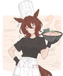  1girl 2others agnes_tachyon_(umamusume) animal_ears bowl breasts chef_hat earrings food gloves guinea_pig hat highres holding holding_bowl horse_ears horse_girl horse_tail in_pocket ingredients jewelry looking_at_viewer makotan_art medium_hair multiple_others noodles ramen smile tagme tail umamusume 