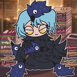  1girl angela_(project_moon) blue_hair blurry blurry_background book book_stack bookshelf chibi closed_eyes crossover deltarune feather-trimmed_dress feathered_coat feathers highres jelly_sugarcube kawkaw_(deltarune) library_of_ruina outline project_moon short_hair signature sitting solo utdr_(toby_fox) white_outline yellow_eyes 