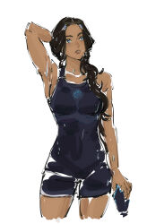  1girl arm_behind_head armpits avatar:_the_last_airbender avatar_legends beerenfuchs black_hair blue_eyes blue_one-piece_swimsuit competition_swimsuit cowboy_shot dark-skinned_female dark_skin highres katara long_hair one-piece_swimsuit parted_lips simple_background solo standing swimsuit wet white_background 