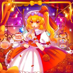  1girl absurdres ascot blonde_hair blush bow cake cake_slice collared_shirt commentary_request crystal crystal_wings cup cupcake eating falling_petals flandre_day flandre_scarlet flower food fork frilled_shirt_collar frilled_wrist_cuffs frills hat hat_bow highres holding holding_fork holding_plate long_hair macaron mob_cap multicolored_wings one_side_up overskirt petals plate pudding red_bow red_eyes red_flower red_overskirt red_petals red_rose red_vest red_wrist_cuffs rose shirt skirt sleeve_bow solo sparkle tea teacup teapot tiered_tray touhou user_ghaf3443 vest white_hat white_shirt white_skirt wings wrist_cuffs yellow_ascot 