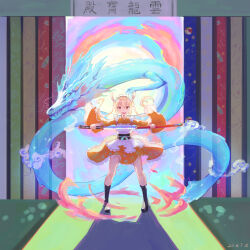 1girl :d absurdres alternate_costume apron backlighting black_boots black_sash blonde_hair boots chinese_commentary commentary_request dragon_girl dragon_horns fighting_stance floating_clothes floating_hair frilled_apron frilled_sleeves frills full_body hair_between_eyes hands_up highres holding holding_sword holding_weapon horns indoors japanese_clothes katana kimono kobayashi-san_chi_no_maidragon lace-up_boots long_hair long_sleeves looking_at_viewer maid maid_apron maid_headdress open_mouth orange_kimono red_eyes ribbon-trimmed_apron ribbon_trim sash shadow sheath sidelocks smile solo standing sword teeth tohru_(maidragon) twintails unsheathing upper_teeth_only user_ymst2442 wa_maid water_dragon weapon white_apron wide_sleeves 