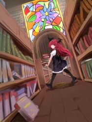  1girl absurdres black_dress black_leggings black_shoes book book_stack bookshelf closed_mouth commentary_request demon_girl demon_wings dress dress_over_shirt floating_hair frilled_dress frills from_behind hair_between_eyes head_wings highres holding holding_book koakuma ladder leggings legs_apart library light_blush long_hair looking_at_viewer looking_back puffy_short_sleeves puffy_sleeves red_eyes red_hair shirt shoes short_sleeves sigil sleeveless sleeveless_dress smile stained_glass suwa_(au_swap) touhou turning_head walking white_shirt window wings 