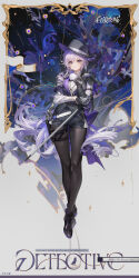  1girl absurdres ankle_boots armor asymmetrical_gloves black_boots black_gloves black_hat black_pantyhose black_vest blue_eyes boots cape character_name chinese_text ciloranko commentary_request copyright_name copyright_notice detective_(silver_palace) fedora female_detective_(silver_palace) flower full_body gloves greaves grey_background gun handgun hat highres holding holding_sword holding_weapon holster holstered jewelry logo long_hair necklace official_art pantyhose picture_frame purple_cape purple_flower purple_hair rapier red_pupils revolver shirt shoes shorts silver_palace solo sword thigh_holster very_long_hair vest waistcoat weapon white_gloves white_shirt 