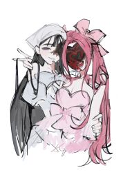  2girls alien_stage arm_around_another's_waist arm_around_shoulder bandana black_hair bow closed_mouth dress dress_bow hair_bow heart highres long_hair microphone mizi_(alien_stage) multiple_girls open_mouth pink_bow pink_dress pink_hair smile sua_(alien_stage) toke_ino v very_long_hair white_bandana white_dress zombie_stage 