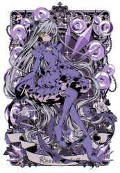  1girl absurdres barasuishou boots clothing_cutout crown dress eyepatch floral_background flower flower_eyepatch frilled_dress frills full_body grey_hair high_heel_boots high_heels highres juliet_sleeves lolita_fashion long_hair long_sleeves looking_at_viewer mu_(1729032449) puffy_sleeves purple_boots purple_dress purple_flower rozen_maiden solo sparkle thigh_boots two_side_up very_long_hair watermark watermark_grid yellow_eyes 