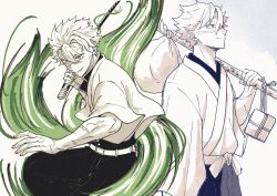  1boy belt belt_buckle buckle closed_mouth demon_slayer_uniform fingernails grin hair_between_eyes hakama highres holding holding_sword holding_weapon iburi_gakko1011 japanese_clothes katana kimetsu_no_yaiba male_focus monochrome multiple_views shinazugawa_sanemi short_hair smile spiky_hair spot_color standing sword veins veiny_arms weapon 
