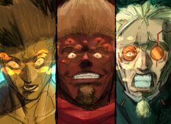  3boys absurdres angry beard beard_stubble blonde_hair brown_hair crosshair cyberpunk cyberpunk:_edgerunners cyberpunk_(series) cyborg david_martinez eyed_silhouette facial_hair furious highres kyle_nguyen maine_(cyberpunk) male_focus metal_jaw multiple_boys scar_on_lip silhouette spiky_hair stubble weak_kingsley 