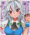  1girl ascot black_ascot blue_vest braid breasts closed_mouth frilled_sleeves frills grey_hair hair_between_eyes head_tilt holding holding_knife izayoi_sakuya knife knives_between_fingers light_smile looking_at_viewer maccha_xxxxxx maid maid_headdress marker_(medium) medium_breasts medium_hair puffy_short_sleeves puffy_sleeves purple_background red_eyes shirt short_sleeves simple_background solo touhou traditional_media twin_braids upper_body vest white_shirt wrist_cuffs 