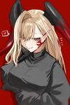 1girl black_horns black_sweater breasts fangs fate/grand_order fate_(series) hand_on_own_face heart highres horn/wood horns nero_claudius_(fate) pointy_ears queen_draco_(fate) red_background red_eyes solo spoken_heart sweater tagme 