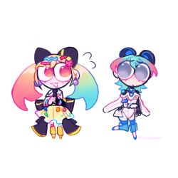  bang_dream! bang_dream!_yumemita blonde_hair blue_hair chibi chibi_only dress hair_ornament highleg highleg_leotard highres leotard long_hair minetsuki_ritsu multicolored_hair multiple_girls nakamachi_arale open_mouth short_hair skirt tacheaway twintails white_leotard 