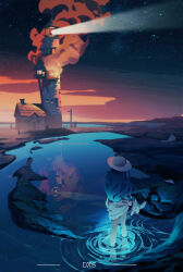  1girl alternate_costume arms_at_sides artist_name blue_hair burning burning_building commentary_request date_a_live daxieshen_huashi dress dusk facing_away from_behind hand_puppet hat highres himekawa_yoshino lake light_rays lighthouse long_hair outdoors puppet reflection reflective_liquid ripples scenery short_dress signature sky smoke solo standing star_(sky) sun_hat wading white_dress white_hat wide_shot yoshinon 