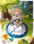  1girl barbara_(genshin_impact) blonde_hair blue_butterfly blue_eyes book_holster bow bug butterfly commentary commission cross detached_sleeves dress dress_bow drill_hair english_commentary flower frilled_dress frills genshin_impact hair_between_eyes hair_flower hair_ornament hat highres latin_cross long_hair mini_hat outdoors purple_butterfly smile solo srro_yo tree twin_drills white_dress white_flower white_sleeves yellow_butterfly 