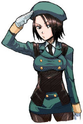  1girl akatsuki_blitzkampf aqua_dress aqua_hat arm_up bad_source beret black_necktie breasts brown_eyes brown_hair brown_pantyhose buttons collared_shirt double-breasted dress gloves hat jaggy_lines kanae_(akatsuki_en-eins) long_sleeves medium_breasts miseji_mai necktie pantyhose salute shirt short_hair simple_background solo underbust white_background white_gloves white_shirt 