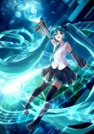  1girl absurdly_long_hair absurdres arm_up blue_eyes blue_hair boots collared_shirt detached_sleeves floating floating_hair full_body hair_ornament hatsune_miku hatsune_miku_(nt) headphones highres long_hair long_sleeves marian_oekaki musical_note neck_ribbon open_mouth piapro pleated_skirt ribbon see-through see-through_sleeves shirt skirt sleeveless sleeveless_shirt solo staff_(music) thigh_boots treble_clef twintails very_long_hair vocaloid 
